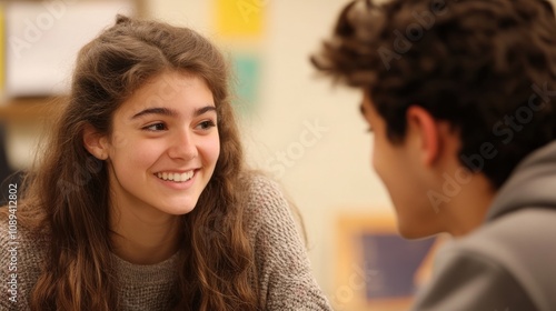 Teenage girl smiles at boy, close-up portrait in classroom setting, happy conversation, young love, friendship, school