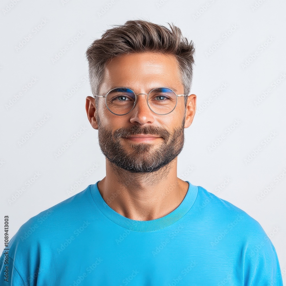 smiling man with glasses in a casual blue shirt smiling man with glasses in a casual blue shirt