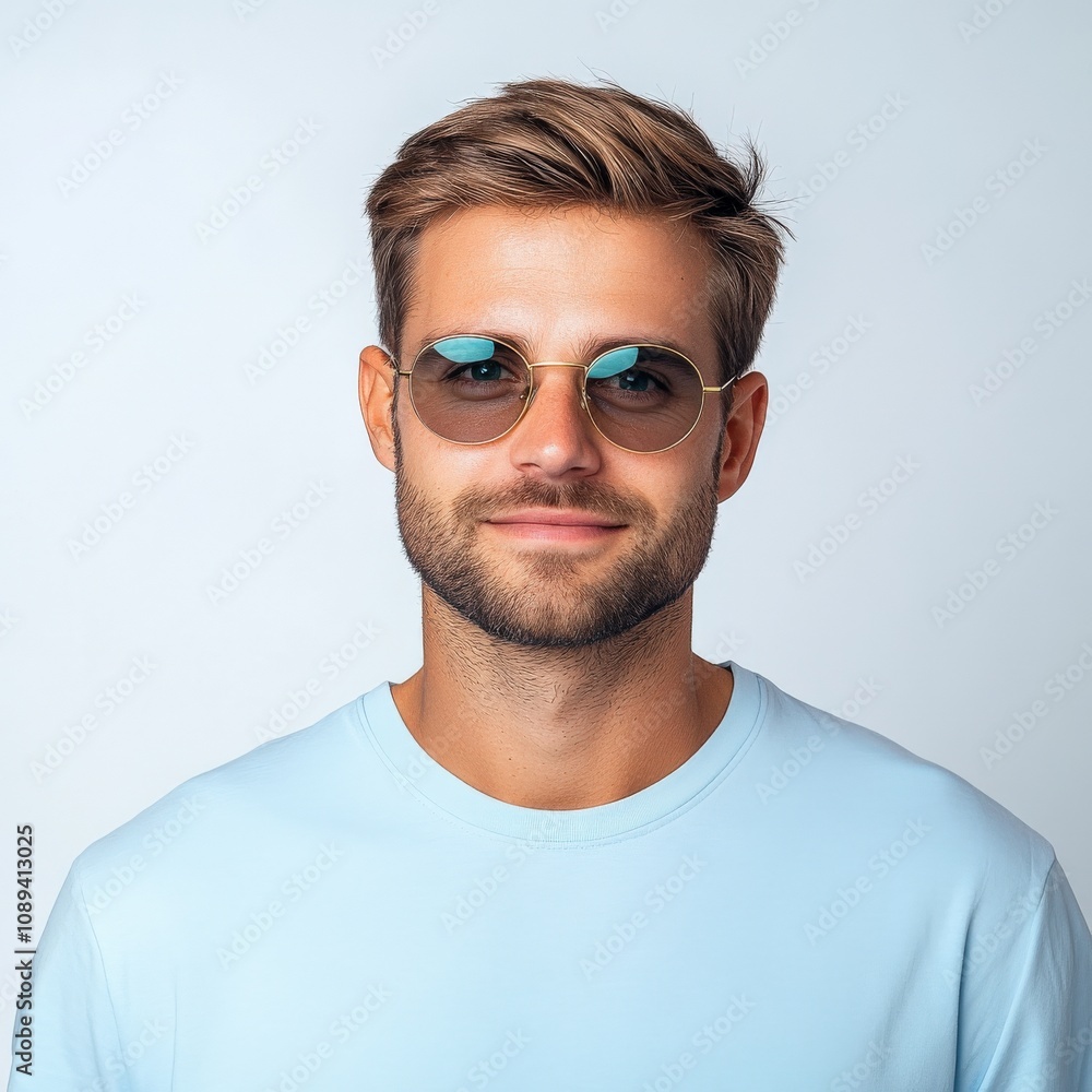 young man wearing sunglasses and a casual t-shirt young man wearing sunglasses and a casual t-shirt
