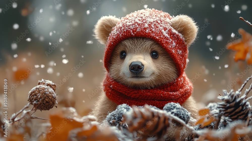 Adorable bear wearing a red hat and scarf in snowy forest Adorable bear wearing a red hat and scarf in snowy forest