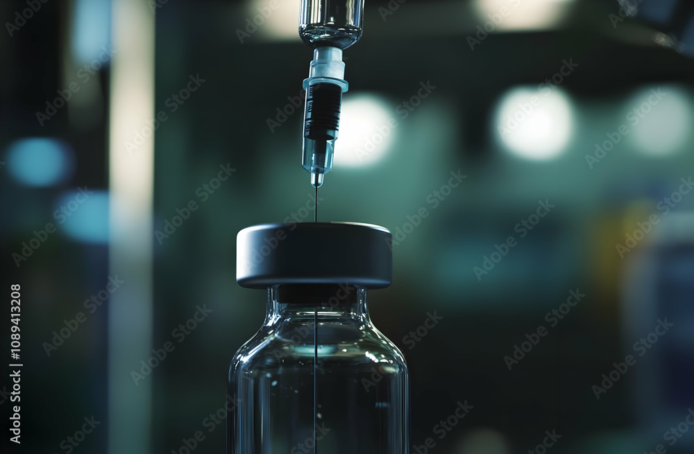 Close-up of a syringe injecting liquid into a glass vial. Close-up of a syringe injecting liquid into a glass vial.