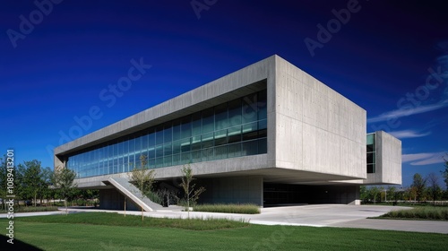 Contemporary concrete building with sleek lines and minimalist details under a deep blue sky, creating an industrial urban feel.