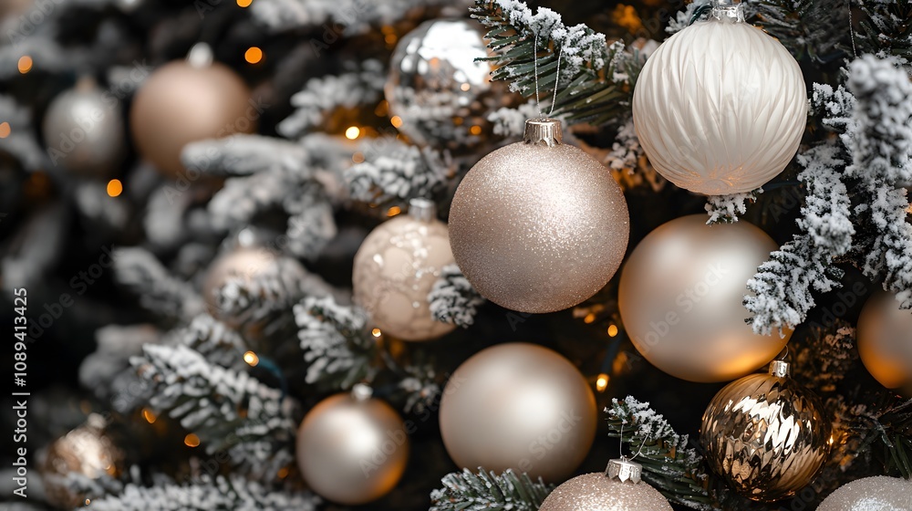Winter Wonderland Elegance: Close-up of a beautifully decorated Christmas tree adorned with shimmering gold and silver ornaments, frosted branches, and warm fairy lights. Winter Wonderland Elegance: Close-up of a beautifully decorated Christmas tree adorned with shimmering gold and silver ornaments, frosted branches, and warm fairy lights.