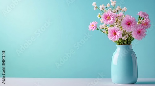 Wallpaper Mural A beautiful bouquet of pink flowers in a modern blue vase against a soft turquoise background. Torontodigital.ca