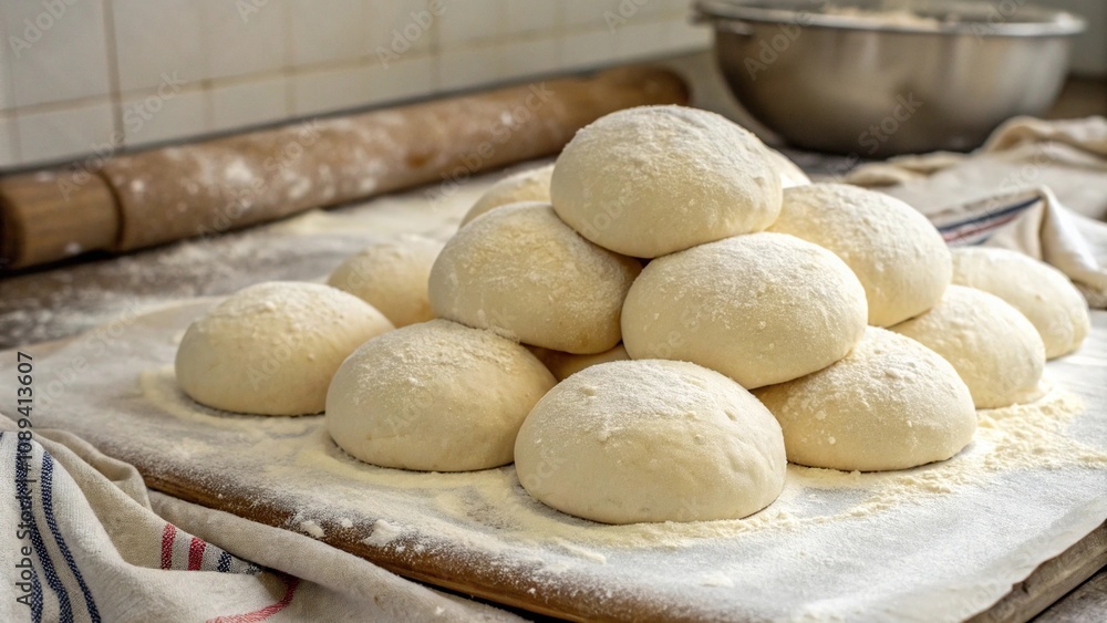 Round bread doughs piled high in a flour-dusted couche cloth, proofing, natural light, fermentation, yeast, bakery Round bread doughs piled high in a flour-dusted couche cloth, proofing, natural light, fermentation, yeast, bakery