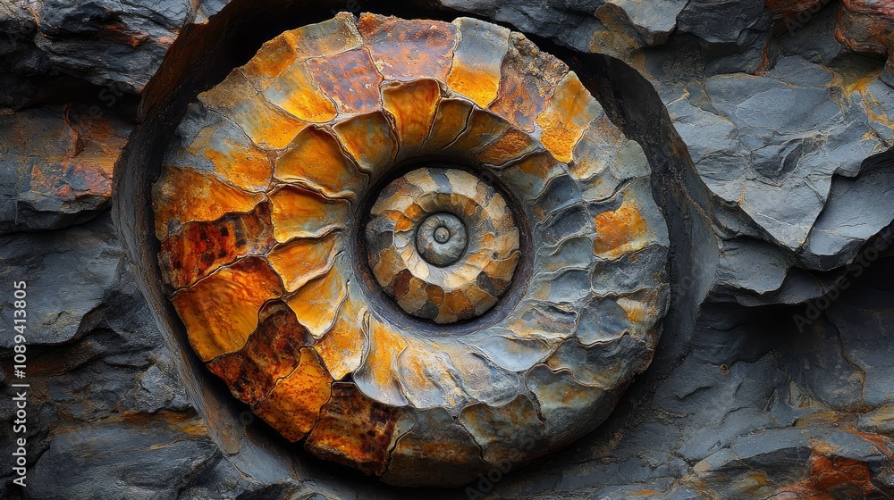 Fototapeta premium A close-up of a fossilized ammonite showcasing intricate patterns and colors in rock.