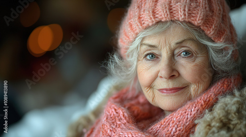 Elderly woman wearing warm hat and scarf gazes warmly at the camera during a cozy winter afternoon indoors. Generative AI