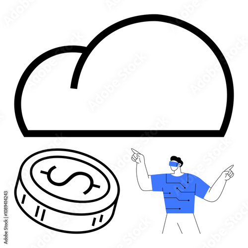 Large cloud with a dollar coin and a person wearing virtual glasses pointing at the cloud. Ideal for technology, innovation, cloud computing, finance, virtual reality, cryptocurrency, futuristic