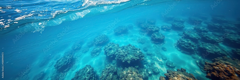 Fototapeta premium Seawater ocean wave flowing over the coral reef, coral formation, wave movement, surf