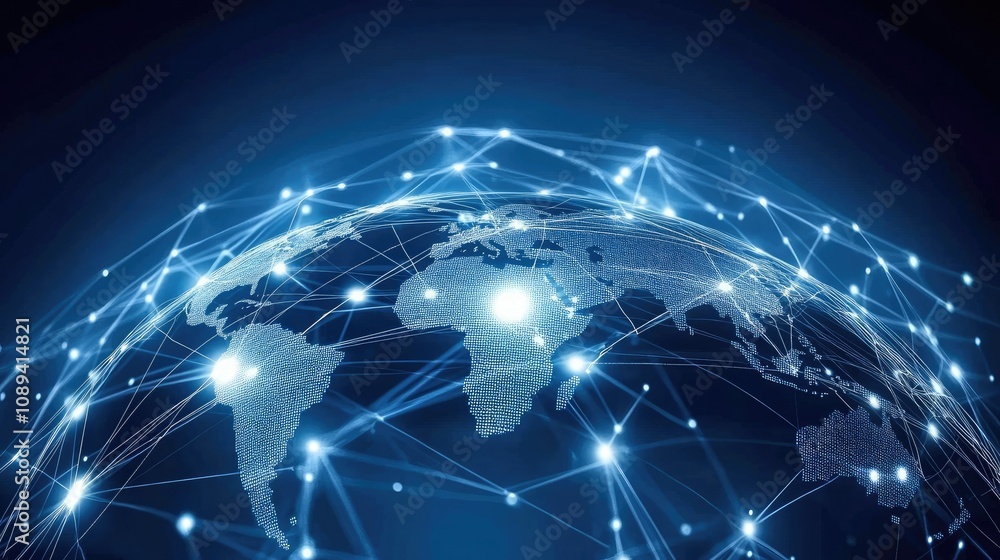 Digital connections spreading across continents, with a network of lines and dots overlaying a blue earth. Digital connections spreading across continents, with a network of lines and dots overlaying a blue earth.