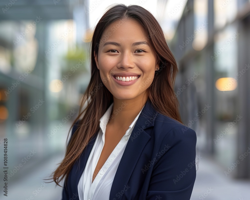A smiling asian young businesswoman standing against a modern glass office building background. AI generative A smiling asian young businesswoman standing against a modern glass office building background. AI generative