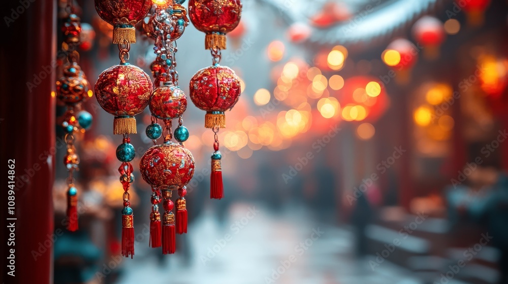 Colorful chinese lanterns glowing in a festive street market atmosphere Colorful chinese lanterns glowing in a festive street market atmosphere