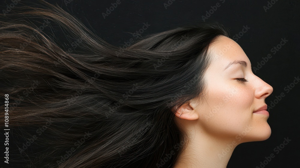 A side profile of a woman with long, flowing dark hair, captured in motion against a dark background. A side profile of a woman with long, flowing dark hair, captured in motion against a dark background.