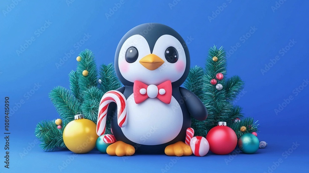 Fototapeta premium Cute Plush Toy Penguin with Bow Tie and Candy Cane on Plain Background