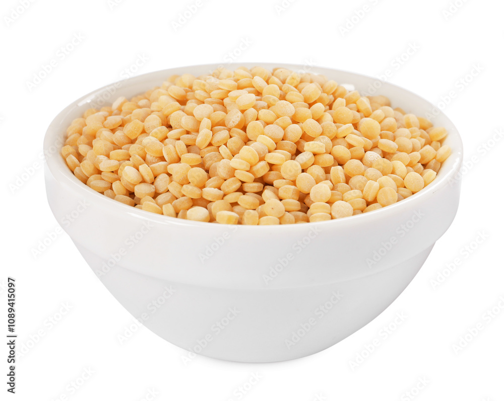 Raw couscous in bowl isolated on white Raw couscous in bowl isolated on white