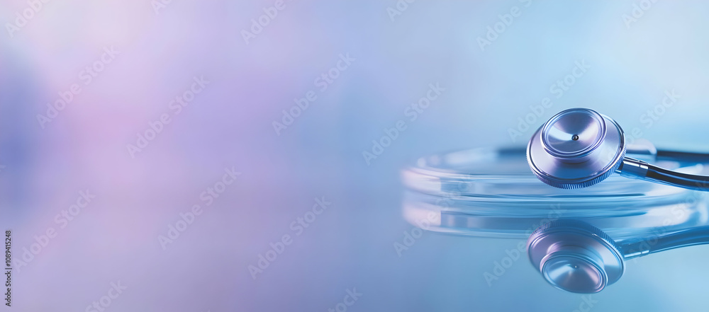 Close-up of a stethoscope on a reflective surface with a blurred pastel background. Close-up of a stethoscope on a reflective surface with a blurred pastel background.