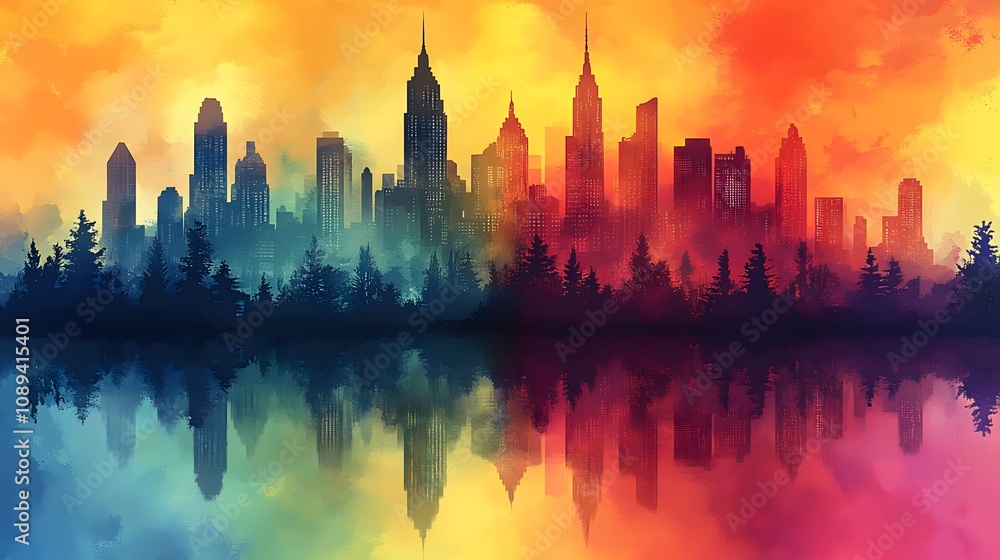 Obraz premium A vibrant double exposure of a city skyline with holographic health protection elements