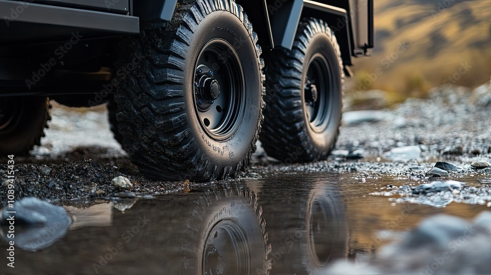 Dusty black trailer wheels on gravel, highlighting rugged durability and reliable treads in outdoor conditions. Dusty black trailer wheels on gravel, highlighting rugged durability and reliable treads in outdoor conditions.