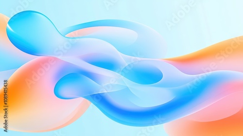 Abstract fluid shapes in blue and orange hues on a soft background.