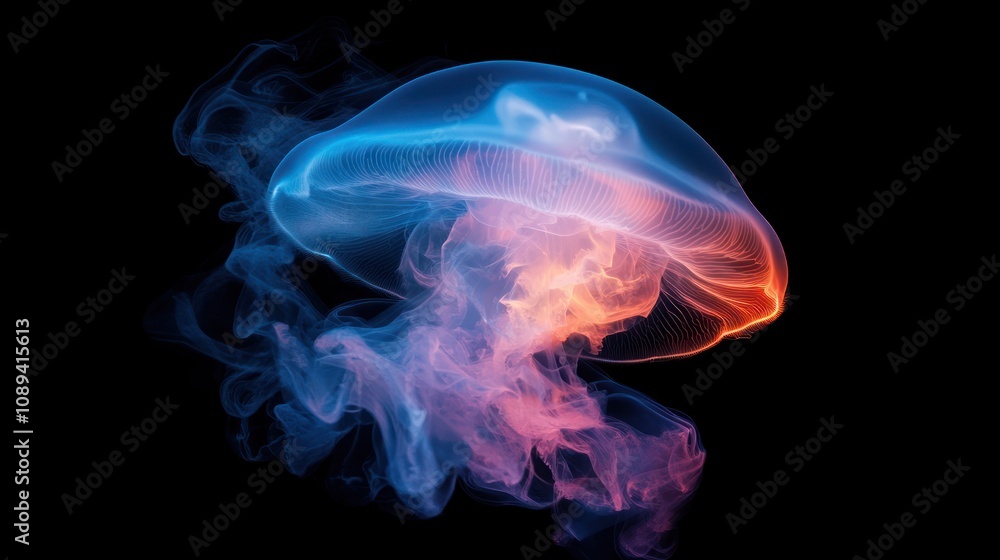 A glowing jellyfish illuminated against a dark background, showcasing its ethereal beauty. A glowing jellyfish illuminated against a dark background, showcasing its ethereal beauty.