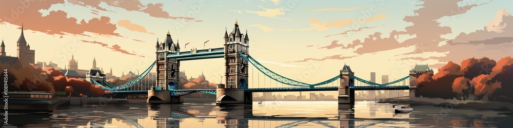 Obraz premium A majestic bridge at sunset, with warm hues reflecting on the water. Boats glide beneath the iconic landmark, adding to the serene cityscape.