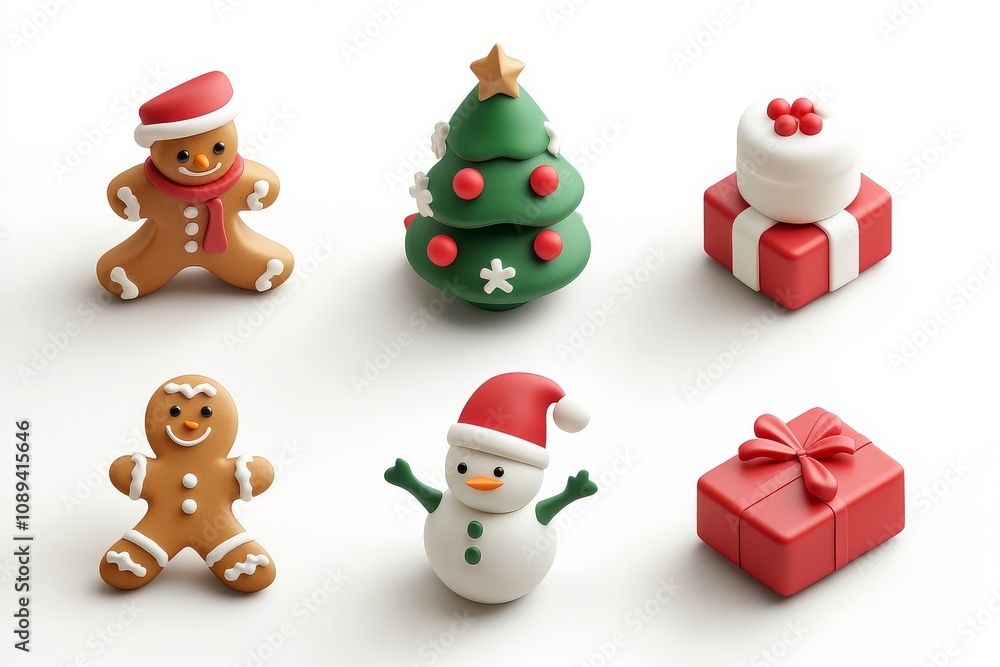Charming 3D vector icon set of Christmas elements in red and green, featuring a gingerbread man, snowman, tree, and present, designed for high-quality printing. Charming 3D vector icon set of Christmas elements in red and green, featuring a gingerbread man, snowman, tree, and present, designed for high-quality printing.
