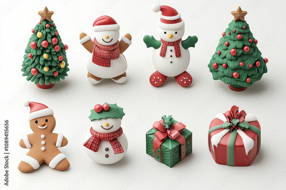 Charming 3D vector icon set of Christmas elements in red and green, featuring a gingerbread man, snowman, tree, and present, designed for high-quality printing. Charming 3D vector icon set of Christmas elements in red and green, featuring a gingerbread man, snowman, tree, and present, designed for high-quality printing.