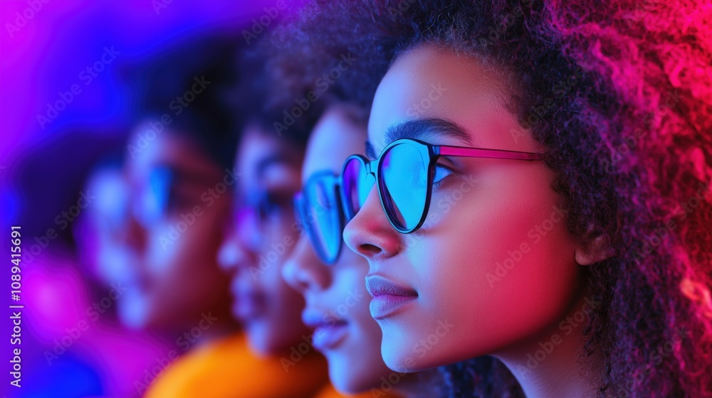 A group of young individuals with curly hair and sunglasses, illuminated by colorful lights, showcasing a cool and modern vibe.