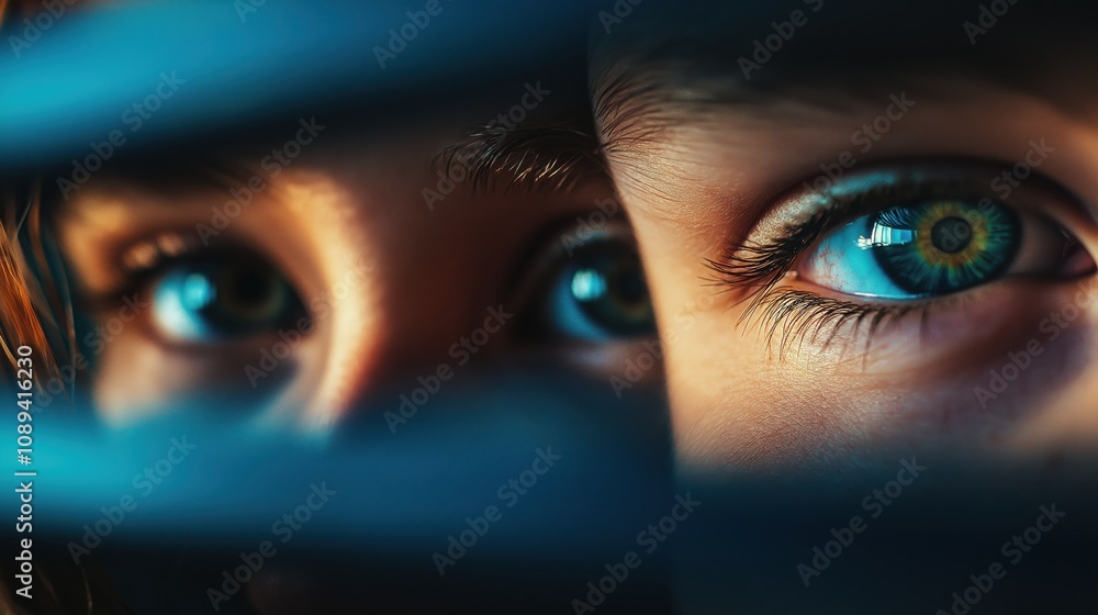 A close-up of eyes peering through narrow slits, showcasing vibrant colors and intricate details, creating an intense and mysterious atmosphere. A close-up of eyes peering through narrow slits, showcasing vibrant colors and intricate details, creating an intense and mysterious atmosphere.
