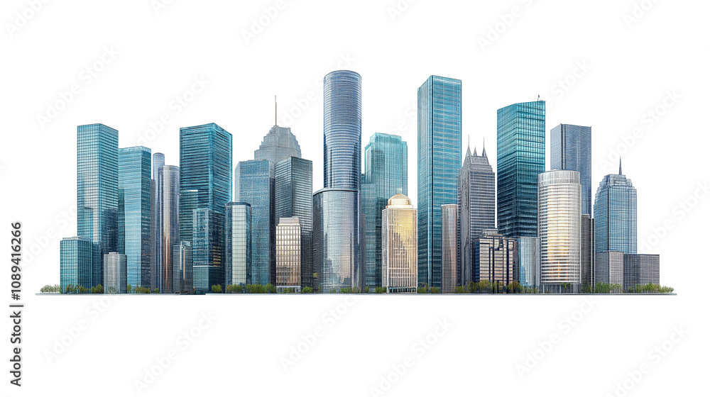 Fototapeta premium Modern skyscrapers of a smart city, futuristic financial district, graphic perspective of buildings and reflections - Architectural blue background for corporate and business brochure template
