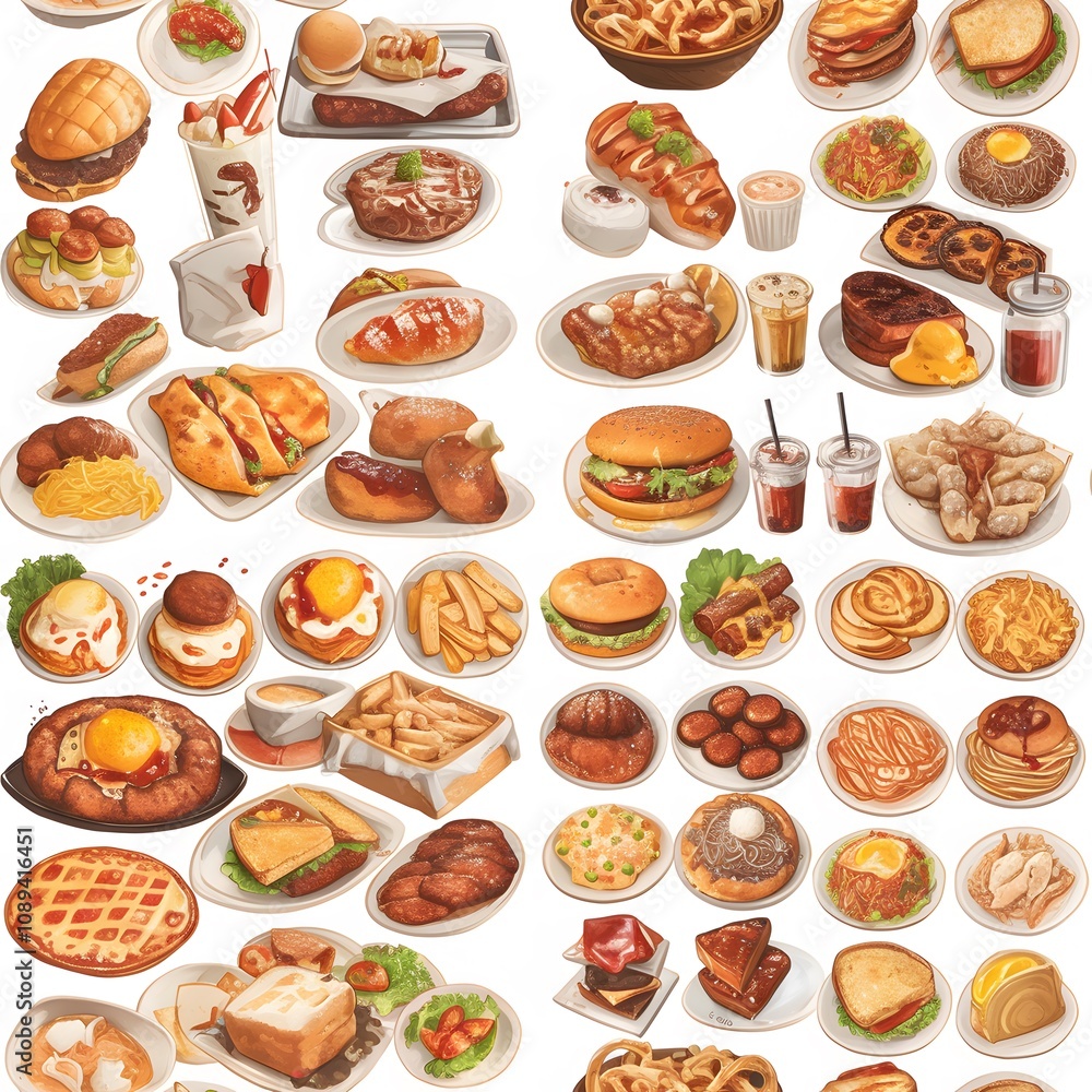 The image is a colorful and vibrant illustration featuring a variety of breakfast foods. The background is white, which makes the colorful foods pop out.,There are many different types of breakfast fo The image is a colorful and vibrant illustration featuring a variety of breakfast foods. The background is white, which makes the colorful foods pop out.,There are many different types of breakfast fo