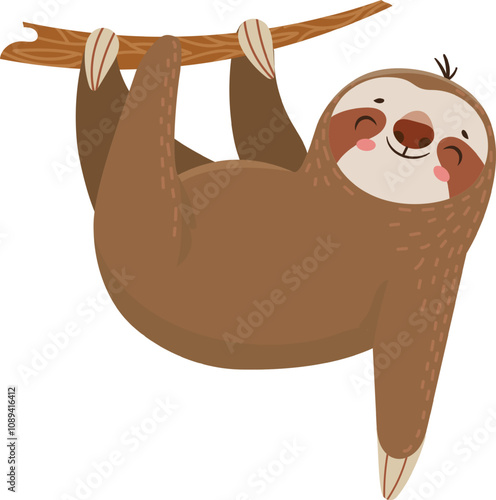 Cartoon illustration of a cute sloth hanging upside down from a tree branch, smiling and enjoying a peaceful moment in nature