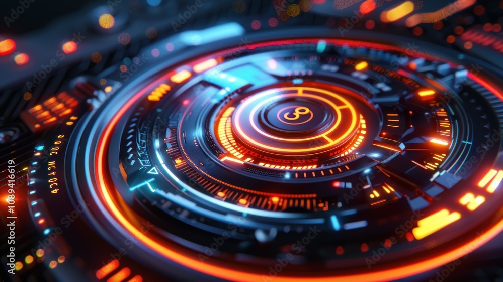 Futuristic circular interface with glowing orange core and intricate details. Futuristic circular interface with glowing orange core and intricate details.