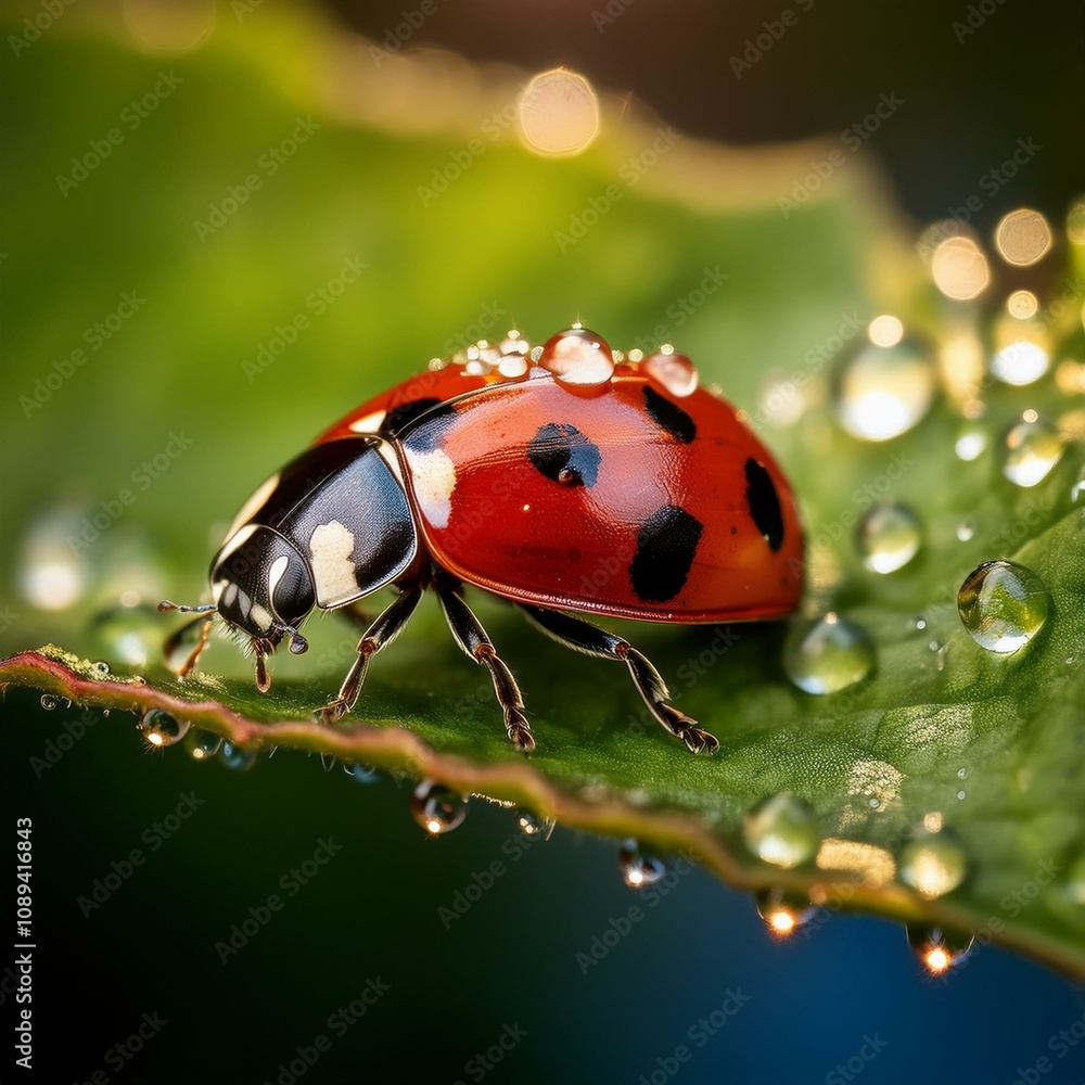 A vibrant close-up of a ladybug resting on a dew-covered leaf, showcasing its delicate details A vibrant close-up of a ladybug resting on a dew-covered leaf, showcasing its delicate details