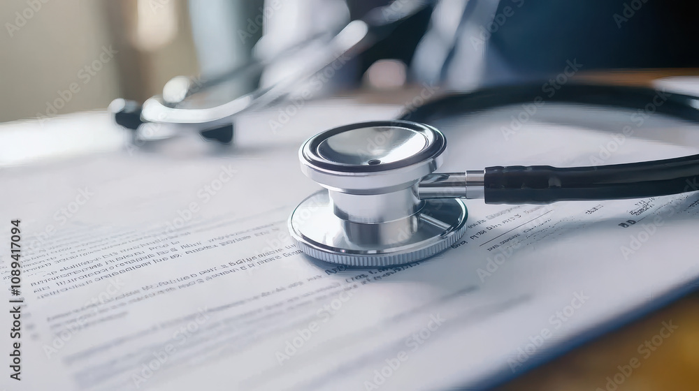 stethoscope resting on medical documents, symbolizing healthcare stethoscope resting on medical documents, symbolizing healthcare