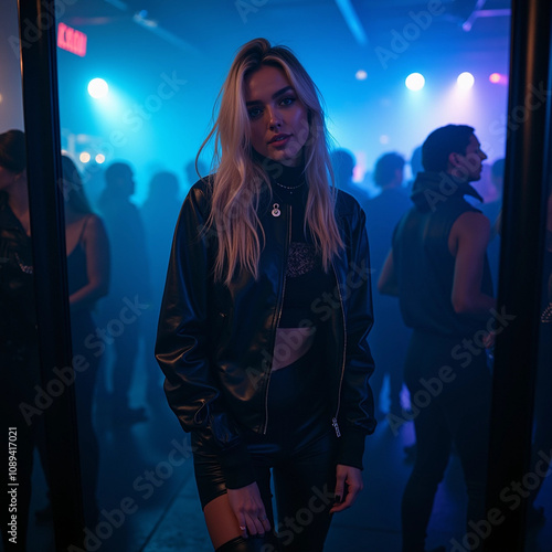 Rave Girl in Black Leather Overknees Posing photo