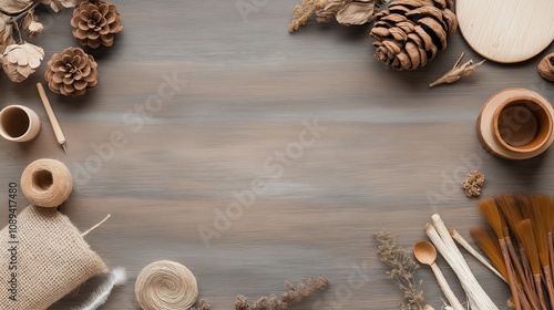 A rustic flat lay featuring natural materials, including pine cones, twigs, and pottery, arranged on a wooden surface.