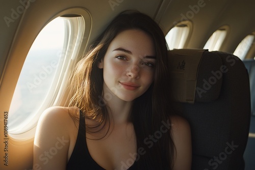 A young woman smiles while sitting by the window on an airplane.