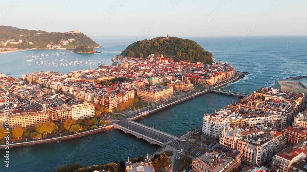 Aerial view of the San Sebastian city at sunset, Basque country, Spain Aerial view of the San Sebastian city at sunset, Basque country, Spain