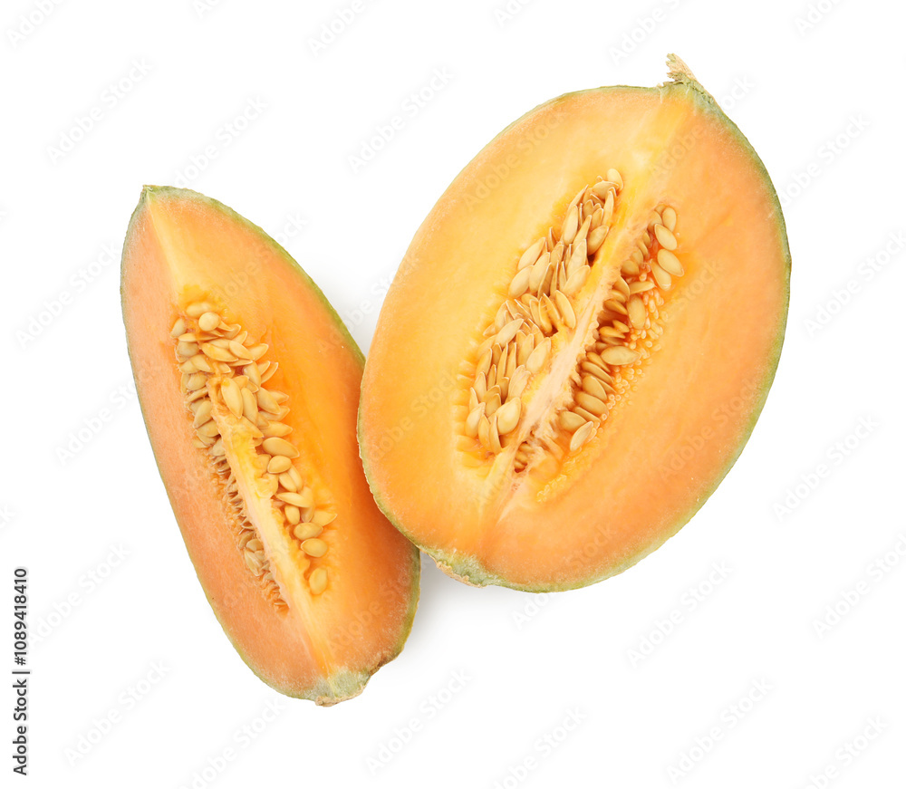 Pieces of Cantaloupe melon isolated on white, top view Pieces of Cantaloupe melon isolated on white, top view