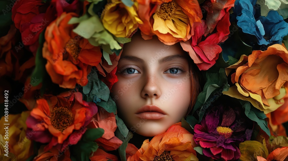 A serene portrait of a girl surrounded by vibrant, colorful flowers, blending beauty with nature in a captivating floral arrangement. A serene portrait of a girl surrounded by vibrant, colorful flowers, blending beauty with nature in a captivating floral arrangement.