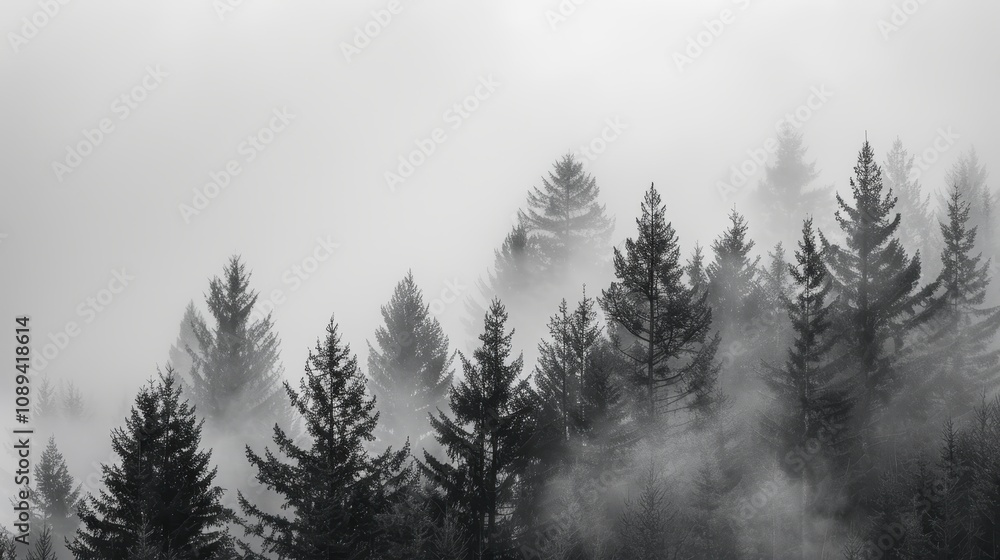 Misty Forest Under Overcast Sky with Heavy Grey Clouds Misty Forest Under Overcast Sky with Heavy Grey Clouds