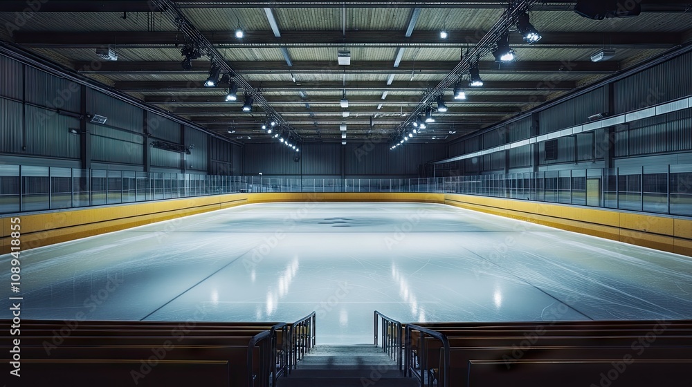 Empty ice rink seen from the bleachers, capturing the tranquility and open space of the smooth ice. Empty ice rink seen from the bleachers, capturing the tranquility and open space of the smooth ice.