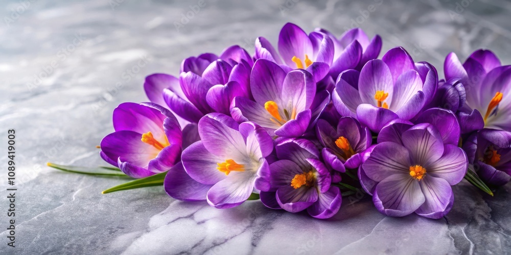 Obraz premium A cluster of purple crocuses with yellow centers, their petals delicate and soft, are arranged in a charming bouquet on a smooth, gray background.