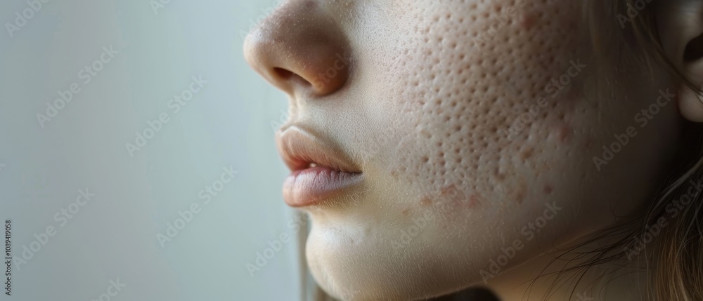Close-up of Acne Scars on Cheek with Soft Indoor Lighting Close-up of Acne Scars on Cheek with Soft Indoor Lighting