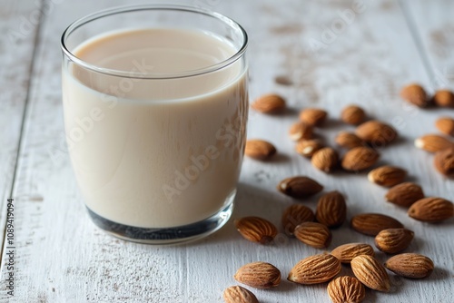 Glass of almond milk on wooden surface with scattered nuts. photo