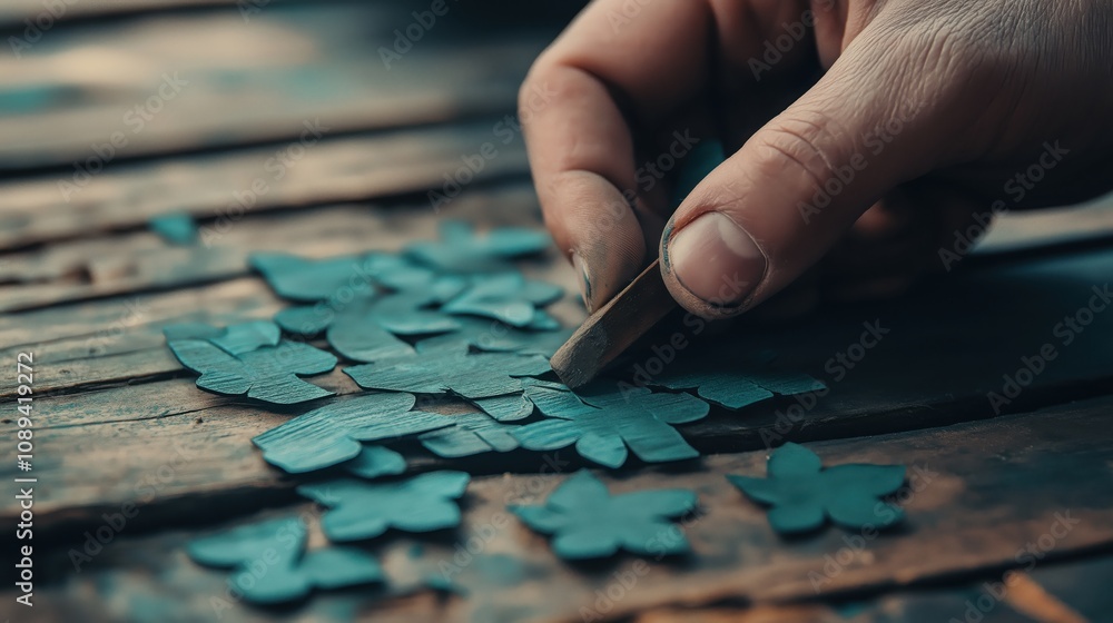 A hand arranging teal butterfly shapes on a rustic wooden surface, showcasing creativity and detail in crafting or artistic activities. A hand arranging teal butterfly shapes on a rustic wooden surface, showcasing creativity and detail in crafting or artistic activities.