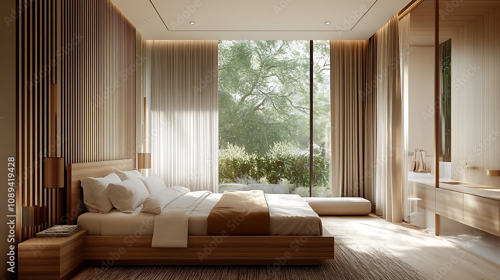 Fototapeta premium Elegant and Cozy Modern Bedroom Interior Design with Stylish Decor, mockup, poster and Background