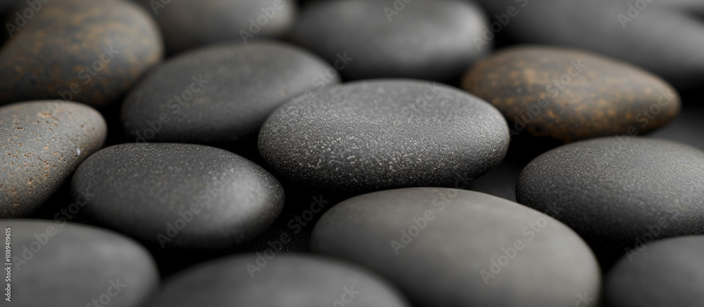 Smooth black stones laid out on a surface for natural decor purposes Smooth black stones laid out on a surface for natural decor purposes