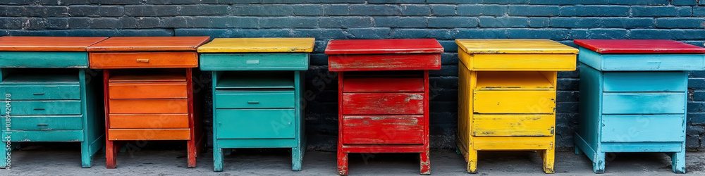 A row of brightly painted school desks, stacked neatly against a brick wall. A row of brightly painted school desks, stacked neatly against a brick wall.